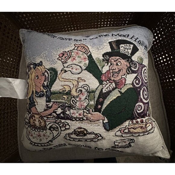 Alice In Wonderland Tea Party Tapestry Pillow folk art Reversible Rare Unique - Picture 5 of 7